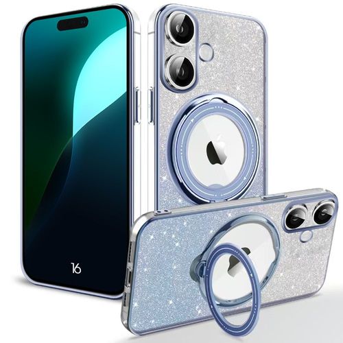 Coque Silicone Pour Iphone 16 Avec Support Magnétique - Protection Paillette Antichoc Bleu - E.F.Connection