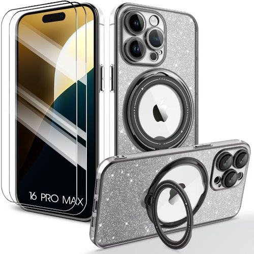 Coque + 2 Verres Trempés Pour Iphone 16 Pro Max, Protection Silicone Antichoc Avec Support Magnétique Paillette Noir - E.F.Connection