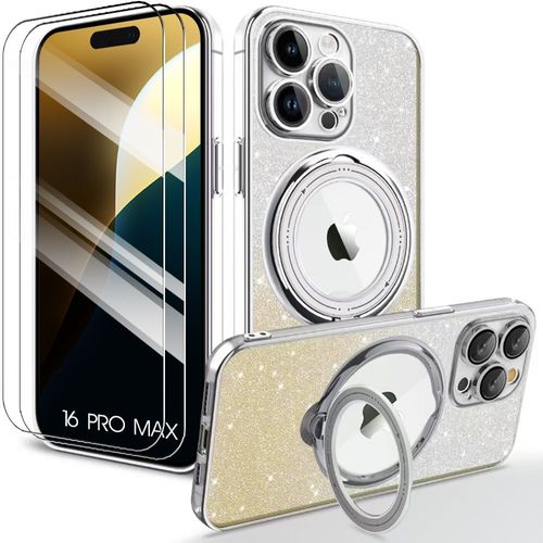 Coque Silicone Pour Iphone 16 Pro Max Avec Support Magnétique + 2 Verres Trempés - Protection Paillette Antichoc Argenté - E.F.Connection
