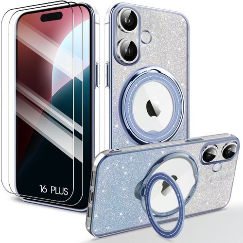 Coque + 2 Verres Trempés Pour Iphone 16 Plus, Protection Silicone Anti-Rayures Avec Support Magnétique Rotatif - Bleu - E.F.Connection