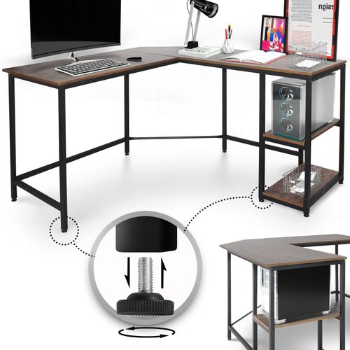 Miadomodo® Bureau D'ordinateur D'angle - Étagères, 138x138x76 Cm, Mdf, Cadre En Fer, Industriel - Bureau Informatique En Forme De L