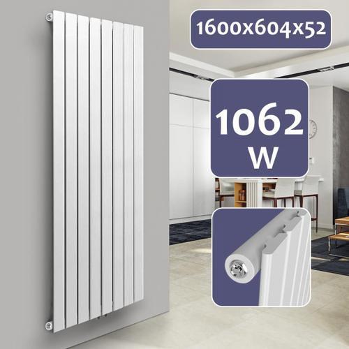 Aquamarin® Radiateur Vertical - à Panneau Plat Simple, 1600 x 604 x 52 mm, Acier, Blanc - Chauffage Centrale pour Salle de Bain