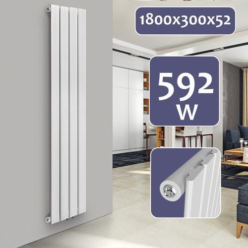 Aquamarin® Radiateur Vertical - à Panneau Plat Simple, 1800 x 300 x 52 mm, Acier, Blanc - Chauffage Centrale pour Salle de Bain