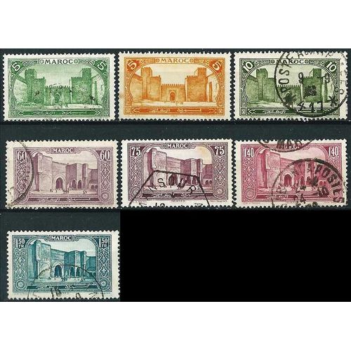 Maroc, Protectorat Français 1917 À 1927, Beaux Timbres Yvert 114, 115, 118, 119 Porte Bab-El-Mansour De Meknes. 66, 101, 102 Le Grand Mechouar A Fez Obliteres Tbe -