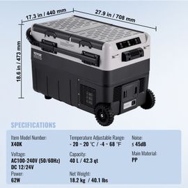 Réfrigérateur Portable à Compression 40 L-VEVOR-Congélateur Portable avec Roues pour Camion Bateau Camping