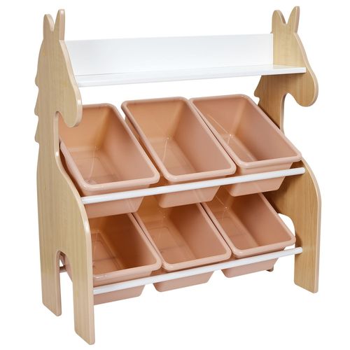 Meuble De Rangement Licorne 6 Bacs Et 1 Étagère - En Mdf - Rose, Blanc Et Beige