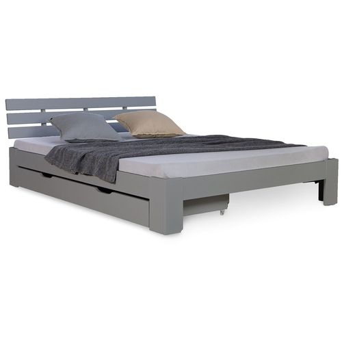 Lit Double 140x200 Cm Avec Tiroir De Rangement Et Sommier À Lattes Cadre En Bois De Pin Gris Lit06224