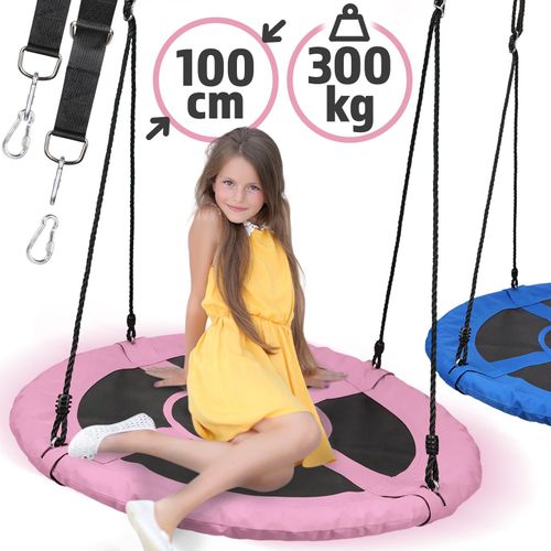 Physionics® Balançoire Nid D'oiseau - Ronde, À Suspendre, Ø 100cm, Cordes Réglables, Extérieur/Intérieur, Rose - Balançoire Suspendue Pour Enfants, Adultes, Jardin