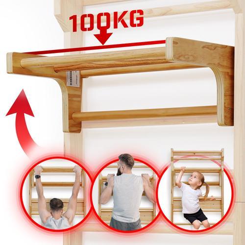 Physionics® Barre De Traction Pour Espalier - En Bois De Pin, Amovible, 73 X 45 X 27 Cm - Barre Pull-Up Pour Échelle Suédoise, Gymnastique, Fitness, Sport