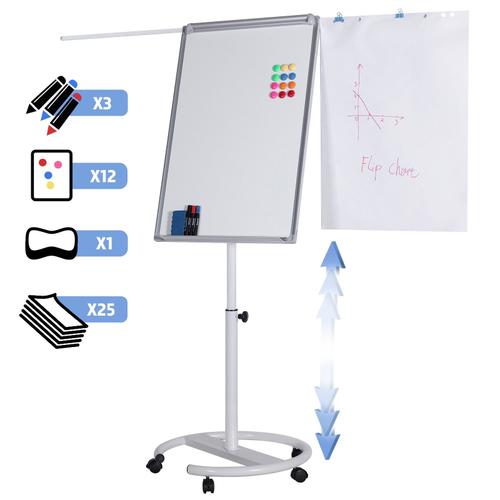 Jago® Chevalet De Conférence - Sur Roulettes, Réglable En Hauteur, 60 X 90 Cm, 2 Bras Extensibles, Magnétique, Effaçable, Incluant Aimants, Papiers, Éponge - Paperboard, Tableau Magnétique Blanc