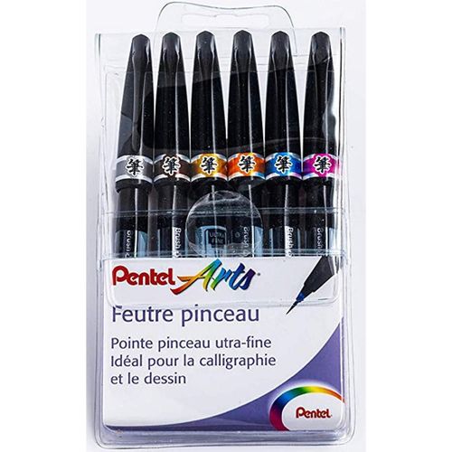 Pentel Pochette De 6 Feutres Pinceau Brush Sign Rose, Bleu Ciel, Orange, Marron, Ocre, Gris