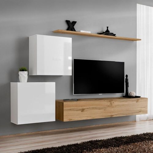 Meuble Tv Mural Design "Switch V" 250cm Blanc & Naturel