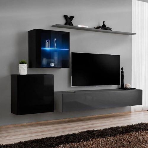Meuble Tv Mural Design "Switch Xv" 260cm Gris & Noir