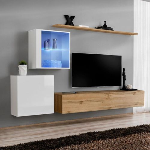 Meuble Tv Mural Design "Switch Xv" 260cm Naturel & Blanc