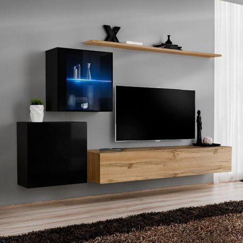 Meuble Tv Mural Design "Switch Xv" 260cm Naturel & Noir