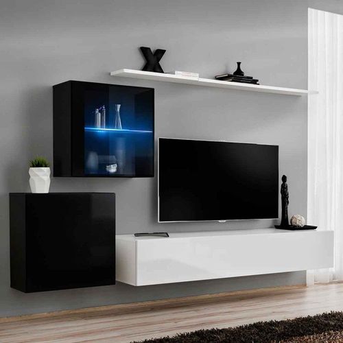 Meuble Tv Mural Design "Switch Xv" 260cm Blanc & Noir
