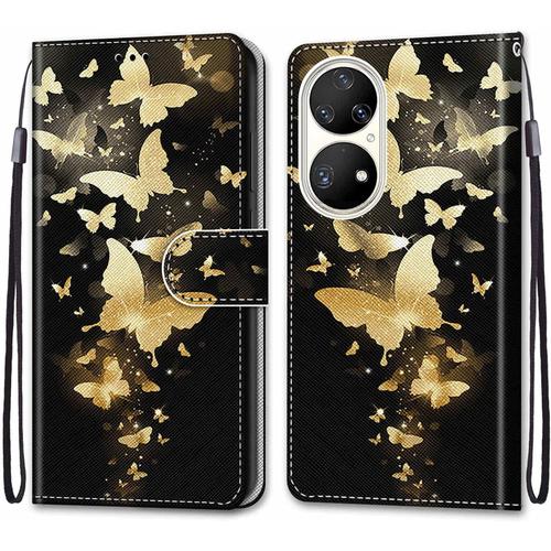 Beek Cuir Pu Folio Etui Pour Pochette Flip Housse Etui A Rabat Protection Résistant Aux Chocs Couverture Motif Papillon Lumineux Avec Porte Carte Back Cover Huawei P50 Pro Wk-11120