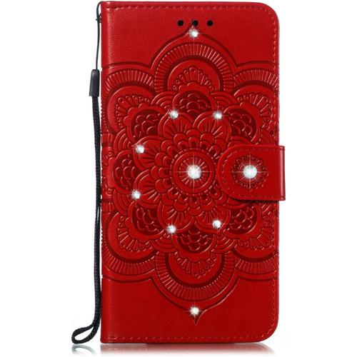 Beek Coque Samsung Galaxy S22 Ultra 5g,Paillette Cristaux Diamant Gaufrage Mandala Cuir Clapet Incassable Integrale Protection Etui,Portefeuille Téléphone Housse Fit Fille Femme,Rouge Mk34775