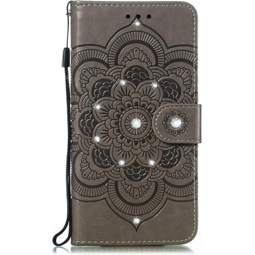 Beek Coque Samsung Galaxy S22 Ultra 5g,Paillette Cristaux Diamant Gaufrage Mandala Cuir Clapet Incassable Integrale Protection Etui,Portefeuille Téléphone Housse Fit Fille Femme,Gris Mk34778