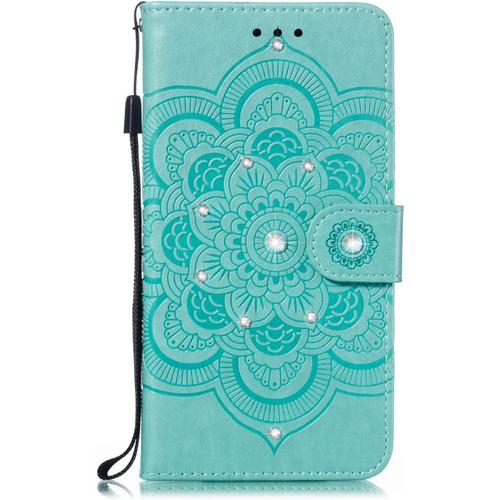 Beek Coque Samsung Galaxy S22 Plus,Paillette Cristaux Diamant Gaufrage Mandala Cuir Clapet Incassable Integrale Protection Etui,Portefeuille Téléphone Housse Fit Fille Femme,Vert Mk35623