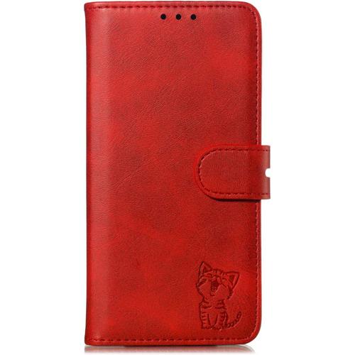 Beek Étui Pour Téléphone Portable Samsung Galaxy S22 5g,Chat Heureux,Coque Protecteur De Porte-Monnaie En Cuir Synthétique Thermoplastique Polyuréthane,Rouge Mk36357