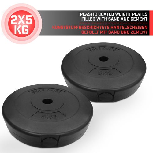 Physionics® Disques De Poids - Set De 2 X 5 Kg, Ø 27 Mm, Avec Revêtement En Plastique - Plaques Pour Haltères, Fitness, Musculation