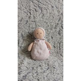 Petit Poupon Rose Et Blanc A Carreaux Vintage - Jacadi - Poupée Avec Grelot - Bébé Dans Gigoteuse