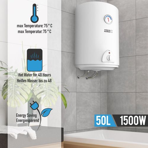 Aquamarin® Chauffe-Eau Électrique - Réservoir avec Capacité de 50 Litres, Puissance 1500W, Thermostat à 75° C - Ballon d'Eau Chaude