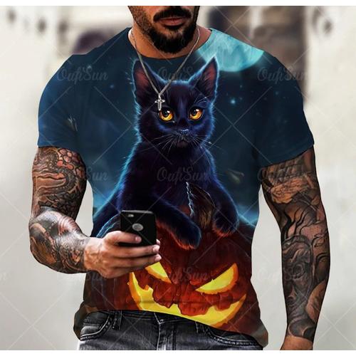 T-Shirt Manches Courtes Col Rond Homme Ado, Dessin Animé 3d Été Kawaii Et Décontracté, À La Mode, Avec Impression Chat Citrouille Halloween Xl - Neuf - Envoi Très Rapide Et Soigne.