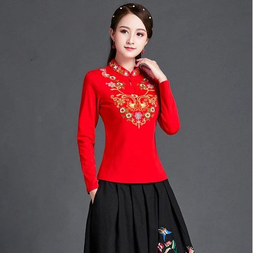 T-Shirt Ethnique Manches Longues Sweat Pull Col Montant Mao Femme Rouge Russe Broderies 3d En Coton , Kawaii Et Décontracté, À La Mode, Chinois L