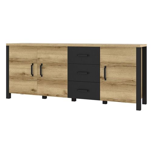 Buffet Xl 190cm Collection Darwin. Couleur Chêne Clair Et Noir. 3 Portes Et 3 Tiroirs