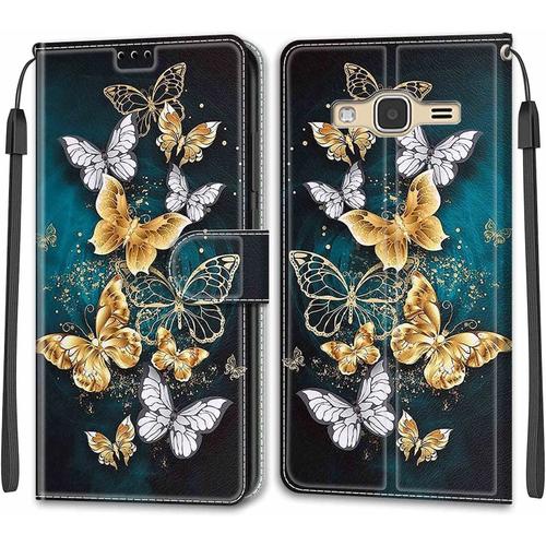 Beek Etui En Pu 360 Protection Full Cuir Pour Samsung Galaxy J3 2016/J310 Coque Flip Case Housse À Rabat Portefeuille Étui Et Silicone Interne Cover Anti Choc Poche Motif Papillon D'or Protection Bumper Col-3262