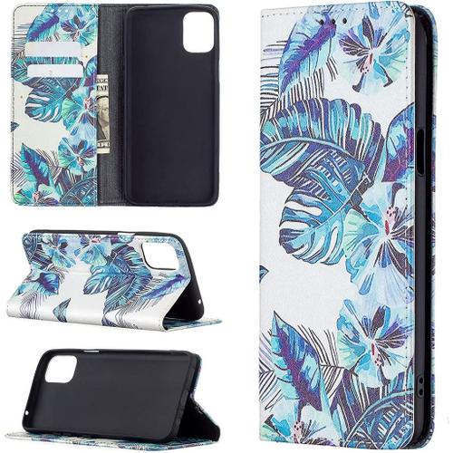 Beek Coque Pour Lg K42/K52/K62 /Q52 Pu Cuir Magnétique Téléphone Couverture Folio Housse Portefeuille Etui Poche Case Cover Stand Fente Carte Pockets Flip Cover Pour Lg K42/K52/K62 /Q52,Blue Leaves Col-3908