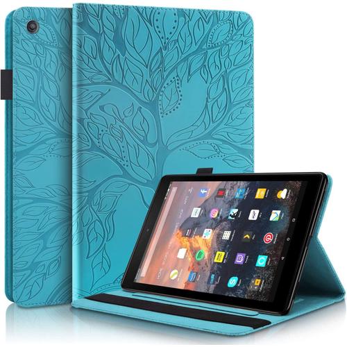 Beek Coque Pour Amazon Fire Hd 8 (2017) Portefeuille Cuir Flip Support Coque De Étui Pour Tablette Super Fin Et Pliable Stand Simili Antichoc,Arbre En Relief Protection Complète Couverture,Lac Bleu Col-6005