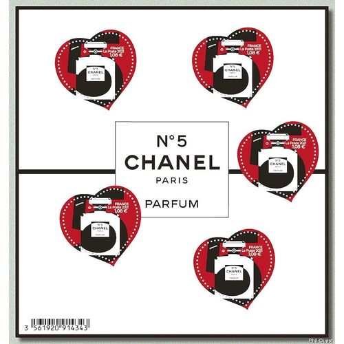 France 2021, Tres Beau Bloc Feuillet Neuf** Luxe Yvert 152, 5 Timbres 5464 En Forme De Coeur, Parfum N° 5 De Chanel.