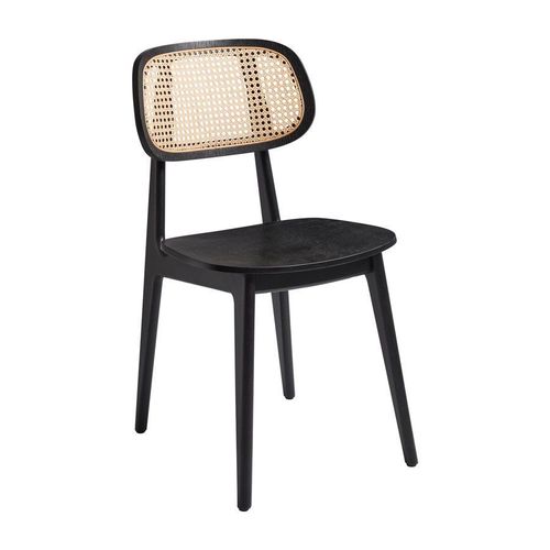 Chaise Latéral Tenaise - Noir Satiné - Dos Rotin Naturel.
