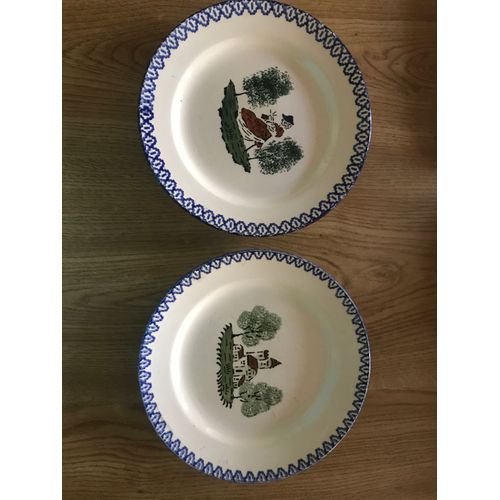 2 Assiettes Différentes Anciennes En Faïence De Charolles, Bordure Dents De Loup - Peint À La Main St Clément France