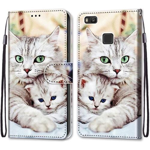 Beekcase Étui Pour Huawei P9 Lite Coque Pu Leather Cuir Anti-Rayures Protection Cover Emplacement Carte Portefeuille Magnétique Téléphone Case Pour Huawei P9 Lite,Chat Et Chaton