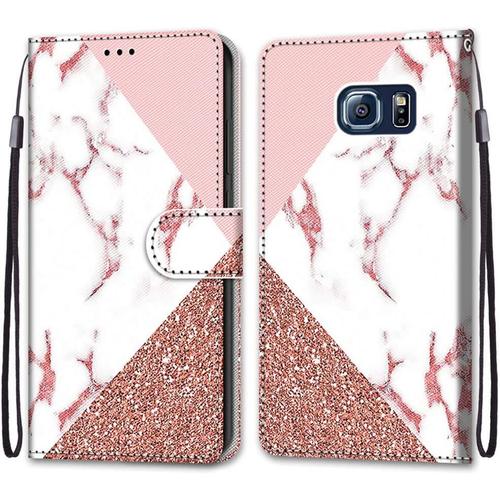 Portefeuille Et Carte Fente Étui Compatible Avec Samsung Galaxy S6 Coque Pu Leather Protection Cover Anti-Rayures Support Magnétique Téléphone Case Pour Samsung Galaxy S6,Motif De Pierre Rose