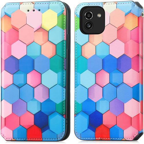 Llscflah Pour Samsung Galaxy A03 Housse Pu Leather Cuir Portefeuille Étui Protection Cover Anti-Rayures Shockproof Magnétique Coque Silicone Case Pour Samsung Galaxy A03 Case,Hexagone De Couleur