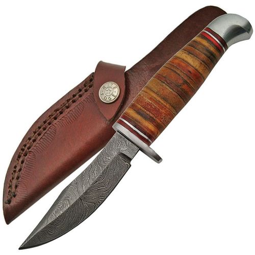 Couteau Lame En Acier Damas Manche Et Etui En Cuir