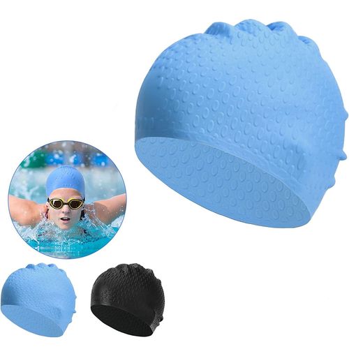 2pcs Bonnets De Bain,Antidérapant Bonnet Piscine Arena Pour Adulte,Bonnet De Natation En Silicone Anti-Déchirure De Style Vintage(Noir+Bleu)