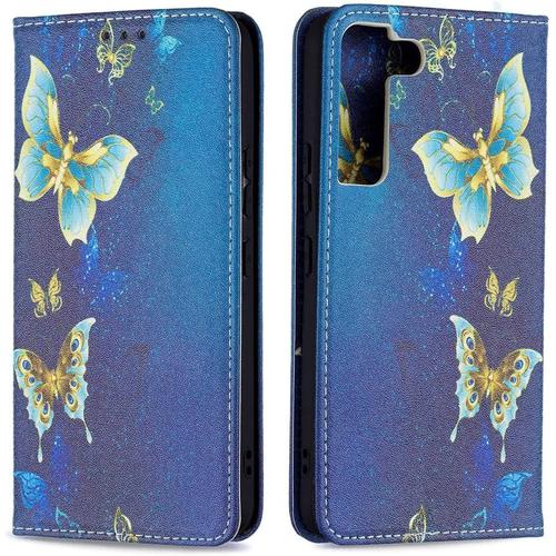 Llscflah Coque Pour Samsung Galaxy S22 Housse,Premium Pu Leather Portefeuille Coque Protection Folio Flip Cover Card Slots Built In Magnétique Housse Pour Samsung Galaxy S22,Papillon Bleu