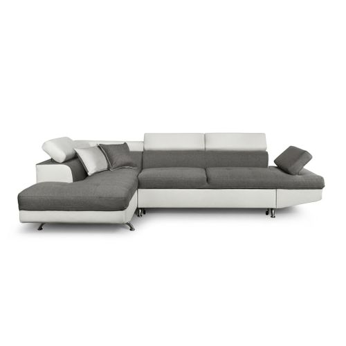 Canapé D'angle Rio Convertible Avec Coffre En Tissu Et Simili - Angle Gauche, Blanc / Gris