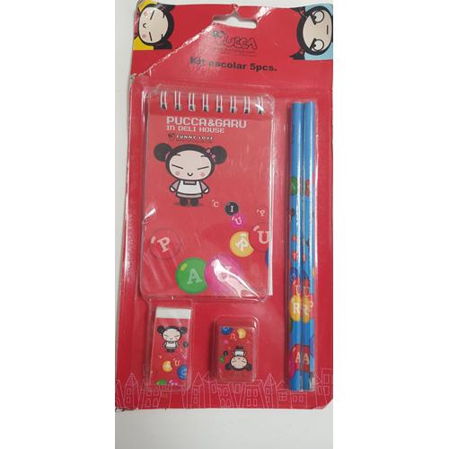 Kit Scolaire De 5 Pieces / Carnet Gomme Taille Crayon + 2 Crayons De Couleurs / Pucca