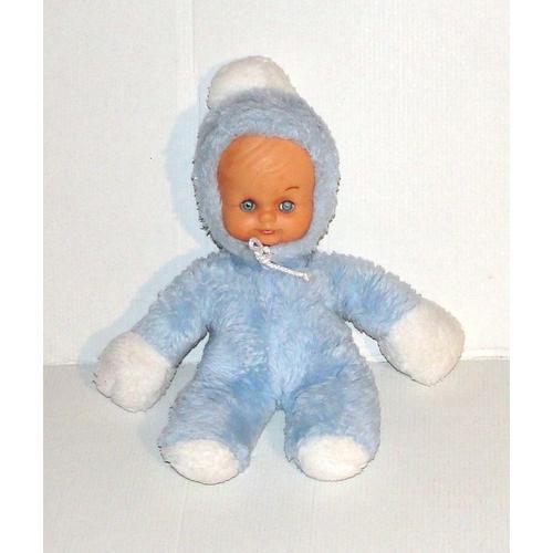 Poupée De Chiffon Bébé Poupon Bleu Nounours Vintage - Peluche Doudou Ancien Bebe Visage Pvc 28 Cm