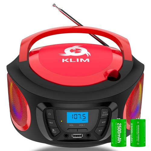 KLIM Boombox Poste Radio CD. Radio FM, Poste CD Bluetooth, MP3, USB, AUX + Piles Rechargeables Incluses + Mode filaire et sans fil