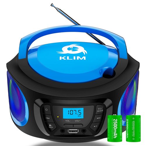 KLIM Boombox Poste Radio CD. Radio FM, Poste CD Bluetooth, MP3, USB, AUX + Piles Rechargeables Incluses + Mode filaire et sans fil