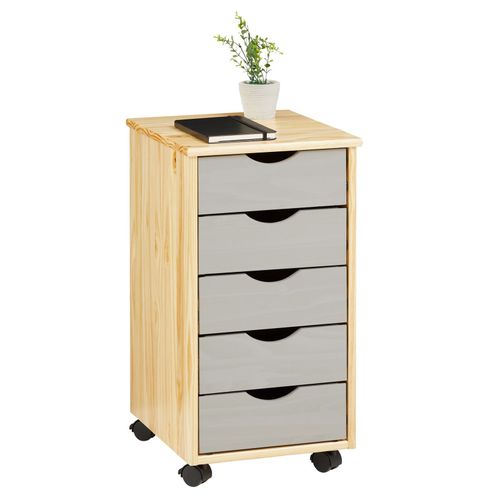 Caisson De Bureau Lagos Meuble De Rangement Sur Roulettes Avec 5 Tiroirs, En Pin Massif Finition Vernis Naturel Et Lasuré Gris