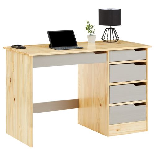 Bureau Hugo Avec Rangement 5 Tiroirs Style Scandinave En Pin Massif Vernis Naturel Et Lasuré Gris